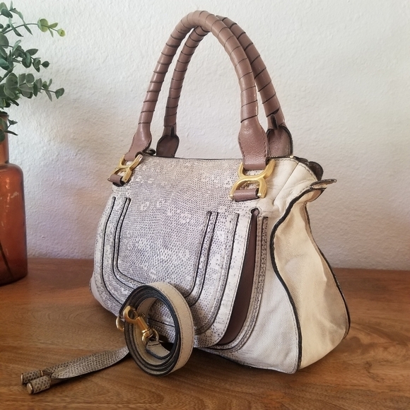 Chloe Marcie Medium Lizard Embossed Satchel Handbag Crossbody Bag - Picture 8 of 17